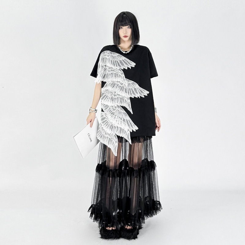【Noir Mode】立体刺繍 羽 ワンピース 夏 新作 ゆったり ミドル丈 Tシャツ