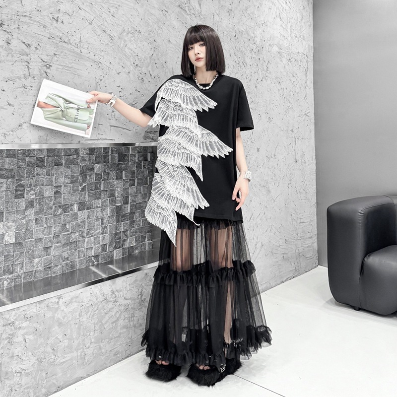 【Noir Mode】立体刺繍 羽 ワンピース 夏 新作 ゆったり ミドル丈 Tシャツ