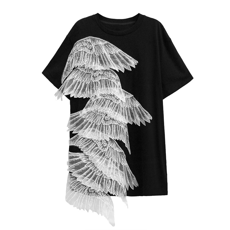 【Noir Mode】立体刺繍 羽 ワンピース 夏 新作 ゆったり ミドル丈 Tシャツ