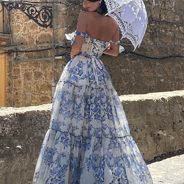 2024春夏オフショルダーレディースファッショナブルなオーガンジー妖精ロング気質イブニングドレスドレス 2024春夏オフショルダーレディースファッショナブルなオーガンジー妖精ロング気質イブニングドレスドレス