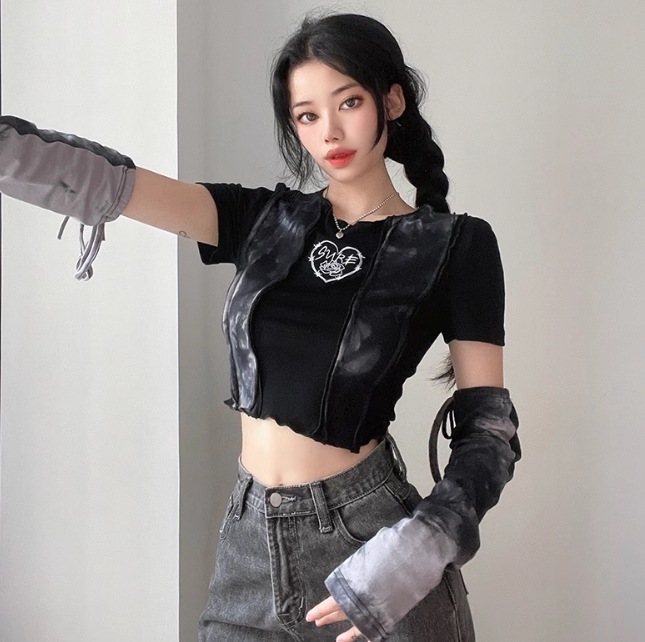 レディース トップス ロンT Tシャツ ショート 半袖 長袖 クルーネック スリム 細身 セパレート ストリート 切り替えデザイン おしゃれ かっこいい レトロ アジアン エキゾチック マニッシュ