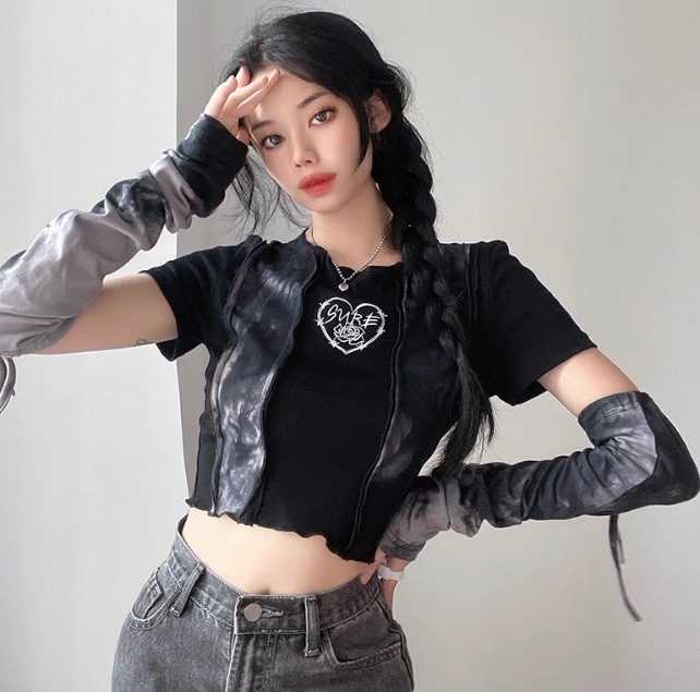 レディース トップス ロンT Tシャツ ショート 半袖 長袖 クルーネック スリム 細身 セパレート ストリート 切り替えデザイン おしゃれ かっこいい レトロ アジアン エキゾチック マニッシュ