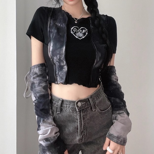 レディース トップス ロンT Tシャツ ショート 半袖 長袖 クルーネック スリム 細身 セパレート ストリート 切り替えデザイン おしゃれ かっこいい レトロ アジアン エキゾチック マニッシュ
