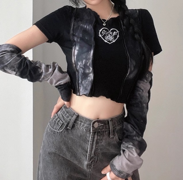 レディース トップス ロンT Tシャツ ショート 半袖 長袖 クルーネック スリム 細身 セパレート ストリート 切り替えデザイン おしゃれ かっこいい レトロ アジアン エキゾチック マニッシュ
