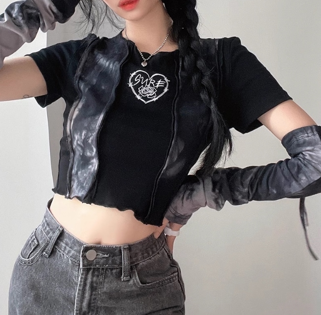 レディース トップス ロンT Tシャツ ショート 半袖 長袖 クルーネック スリム 細身 セパレート ストリート 切り替えデザイン おしゃれ かっこいい レトロ アジアン エキゾチック マニッシュ