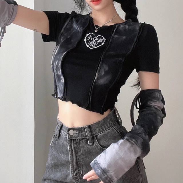 レディース トップス ロンT Tシャツ ショート 半袖 長袖 クルーネック スリム 細身 セパレート ストリート 切り替えデザイン おしゃれ かっこいい レトロ アジアン エキゾチック マニッシュ