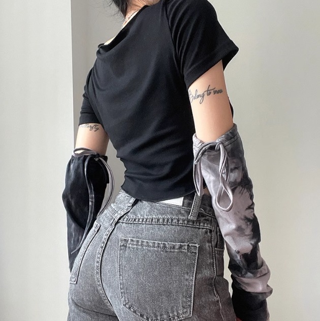 レディース トップス ロンT Tシャツ ショート 半袖 長袖 クルーネック スリム 細身 セパレート ストリート 切り替えデザイン おしゃれ かっこいい レトロ アジアン エキゾチック マニッシュ