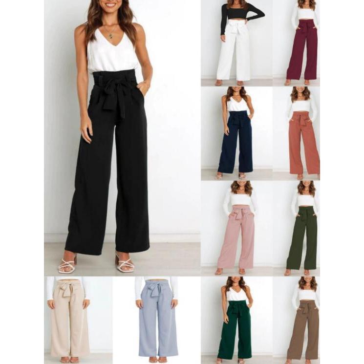 ワイドパンツ レディース ガウチョパンツ ボトムス 無地 リボンベルト付き 春夏 春服 ロング丈 カジュアル 脚長効果 着痩せ