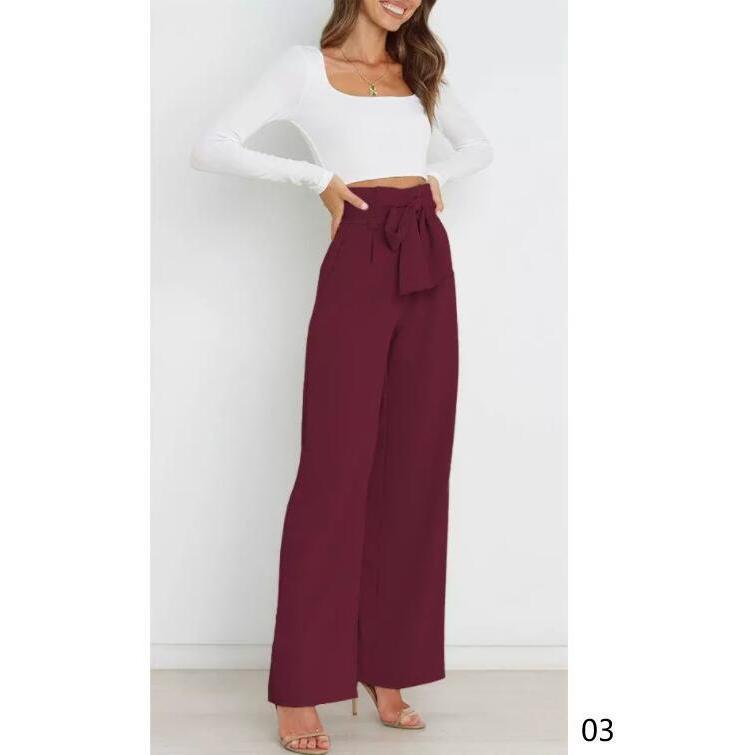 ワイドパンツ レディース ガウチョパンツ ボトムス 無地 リボンベルト付き 春夏 春服 ロング丈 カジュアル 脚長効果 着痩せ