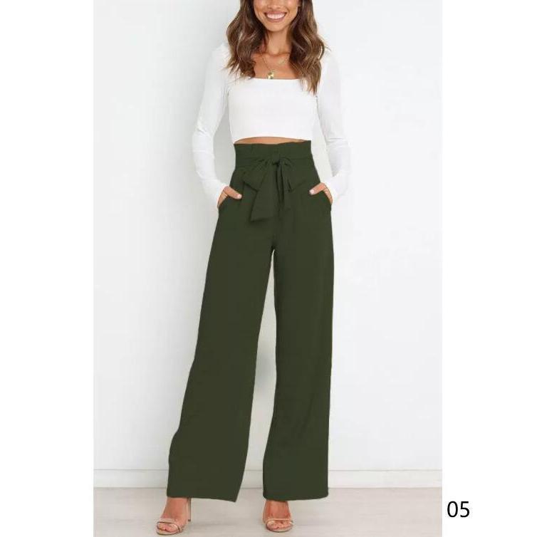 ワイドパンツ レディース ガウチョパンツ ボトムス 無地 リボンベルト付き 春夏 春服 ロング丈 カジュアル 脚長効果 着痩せ