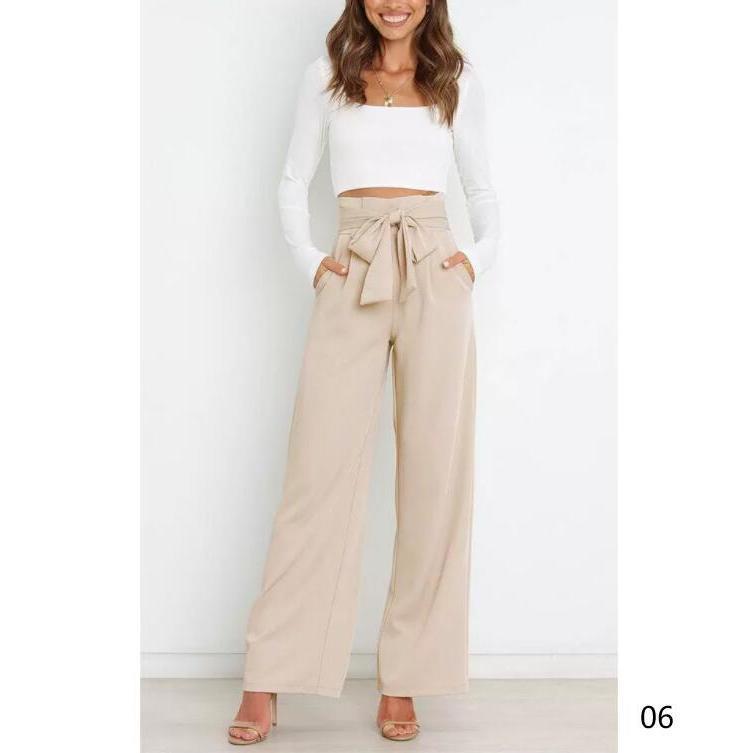 ワイドパンツ レディース ガウチョパンツ ボトムス 無地 リボンベルト付き 春夏 春服 ロング丈 カジュアル 脚長効果 着痩せ