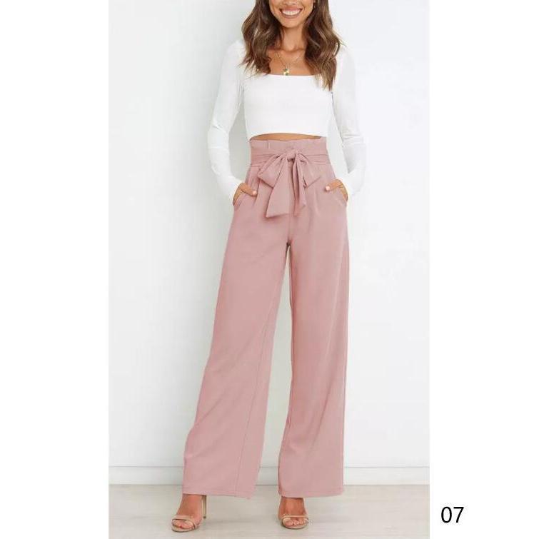 ワイドパンツ レディース ガウチョパンツ ボトムス 無地 リボンベルト付き 春夏 春服 ロング丈 カジュアル 脚長効果 着痩せ
