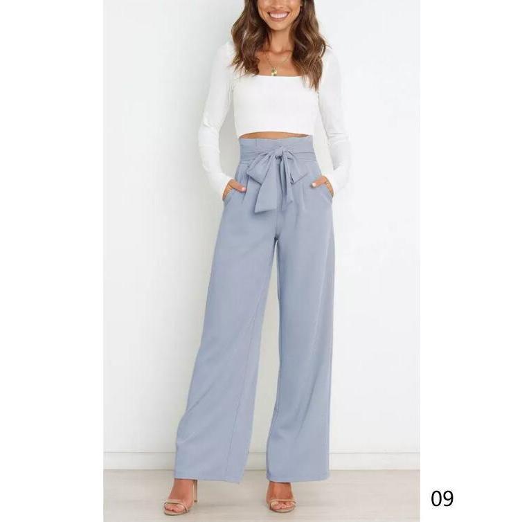 ワイドパンツ レディース ガウチョパンツ ボトムス 無地 リボンベルト付き 春夏 春服 ロング丈 カジュアル 脚長効果 着痩せ