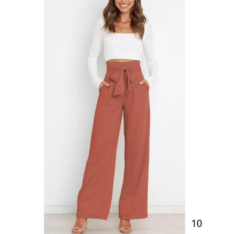 ワイドパンツ レディース ガウチョパンツ ボトムス 無地 リボンベルト付き 春夏 春服 ロング丈 カジュアル 脚長効果 着痩せ