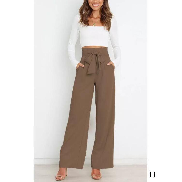 ワイドパンツ レディース ガウチョパンツ ボトムス 無地 リボンベルト付き 春夏 春服 ロング丈 カジュアル 脚長効果 着痩せ