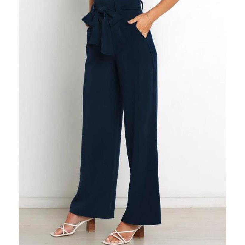 ワイドパンツ レディース ガウチョパンツ ボトムス 無地 リボンベルト付き 春夏 春服 ロング丈 カジュアル 脚長効果 着痩せ