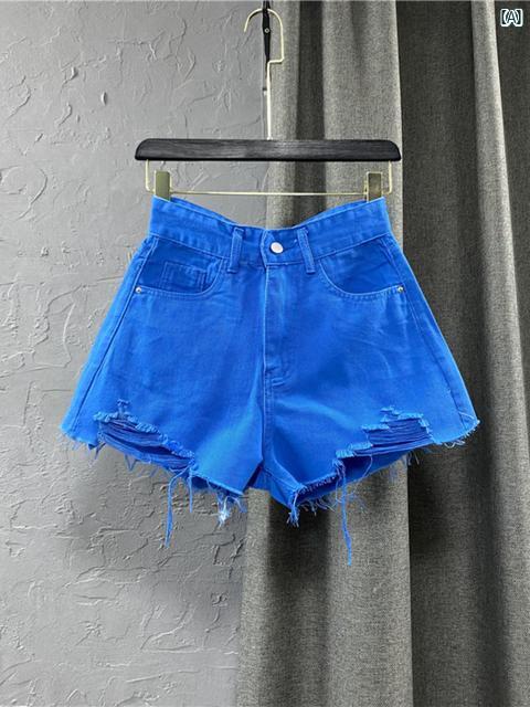 レディースファッション　かわいい　オシャレ　海外 穴 あき ハイウエスト デニム ワイド レッグ パンツ リップド ショート