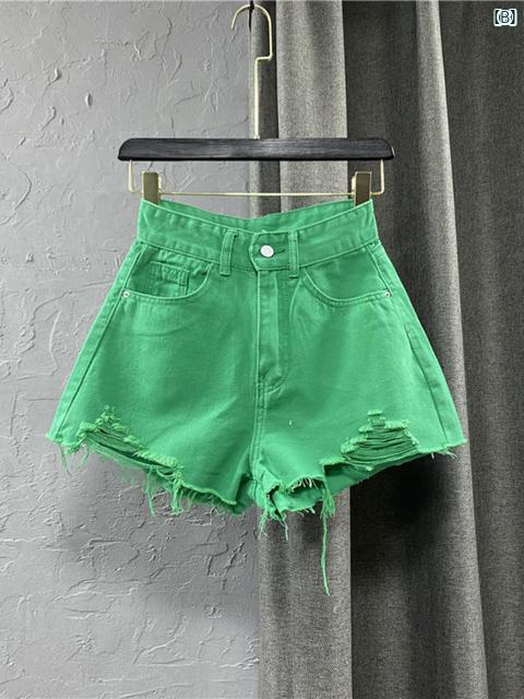 レディースファッション　かわいい　オシャレ　海外 穴 あき ハイウエスト デニム ワイド レッグ パンツ リップド ショート