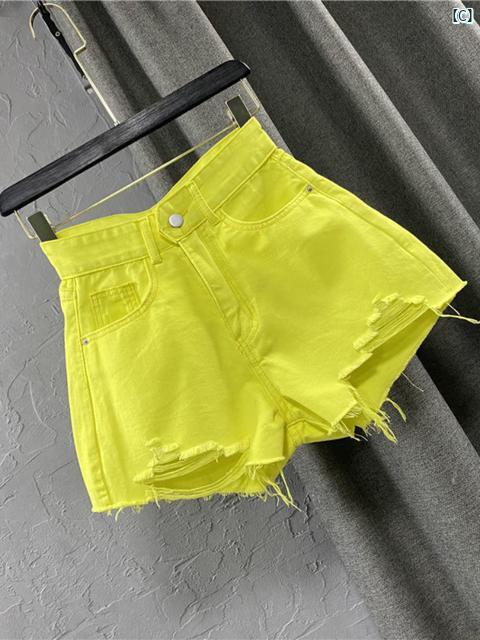 レディースファッション　かわいい　オシャレ　海外 穴 あき ハイウエスト デニム ワイド レッグ パンツ リップド ショート