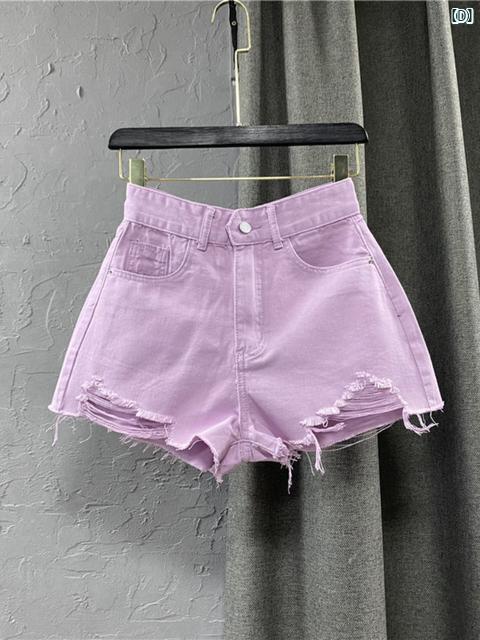 レディースファッション　かわいい　オシャレ　海外 穴 あき ハイウエスト デニム ワイド レッグ パンツ リップド ショート