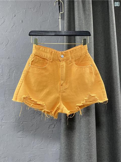 レディースファッション　かわいい　オシャレ　海外 穴 あき ハイウエスト デニム ワイド レッグ パンツ リップド ショート