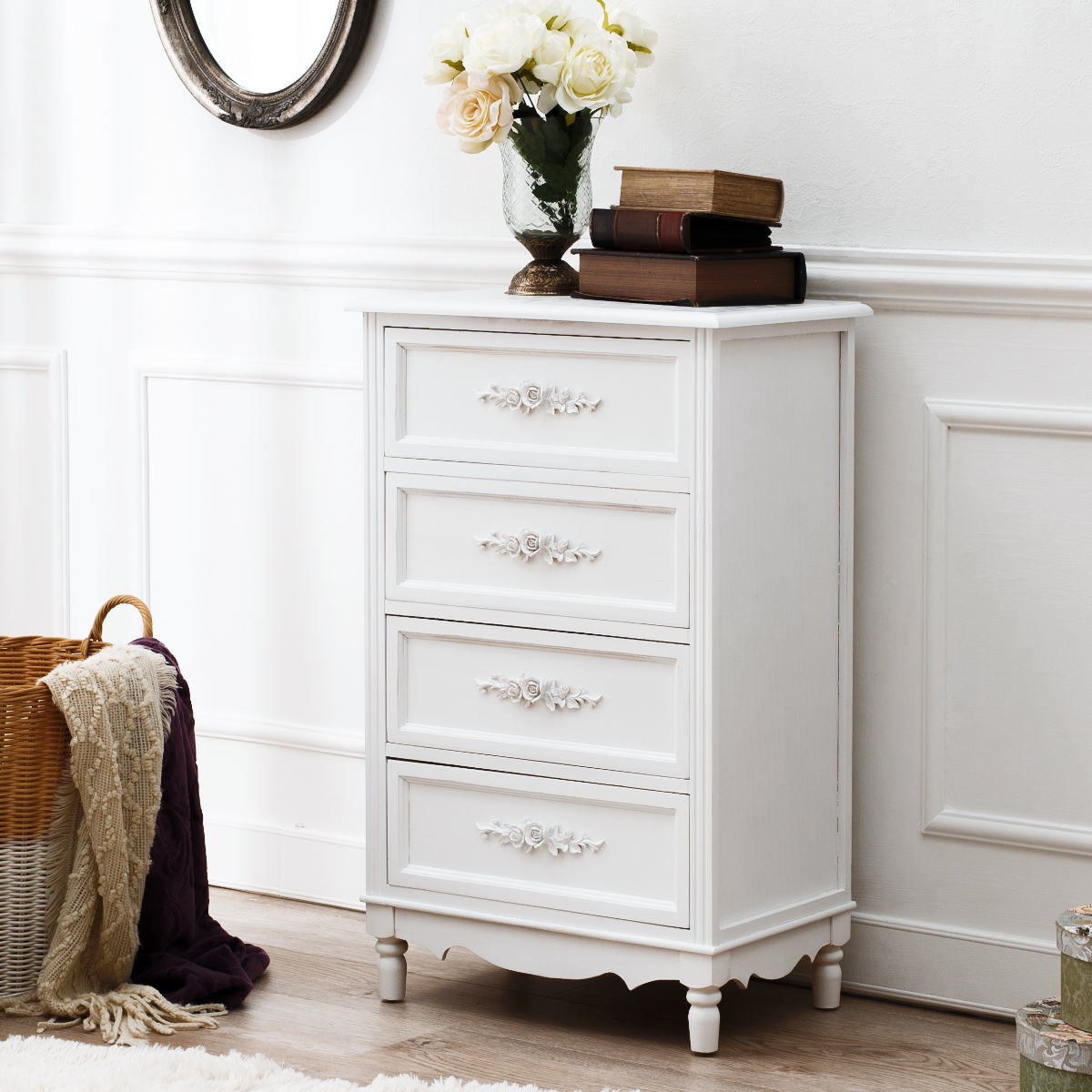 チェスト 4段 ウッドプロダクツ 幅50cm 足付 ホワイト 引き出し FAX台 電話台 整理タンス 書類ケース 衣類収納 木製 姫系 クラシック チェスト 4段 ウッドプロダクツ 幅50cm 足付 ホワイト 引き出し FAX台 電話台 整理タンス 書類ケース 衣類収納 木製 姫系 クラシック