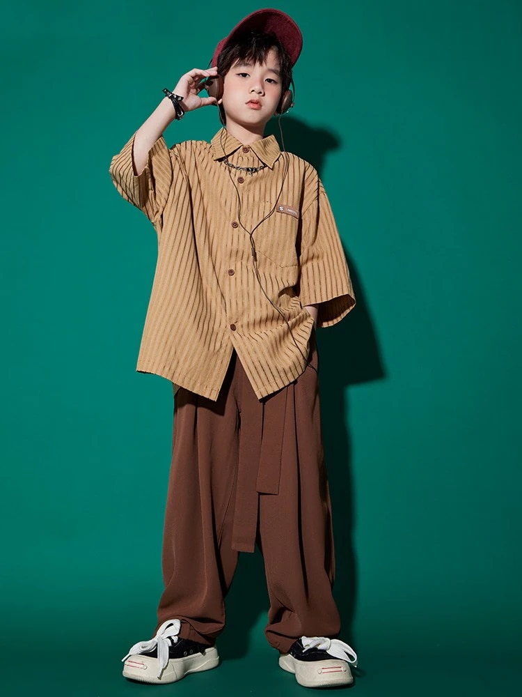 街舞児童潮服ヒップホップ演出服セット男童日系シャツhiphopクールかっこいい演技服女の子夏