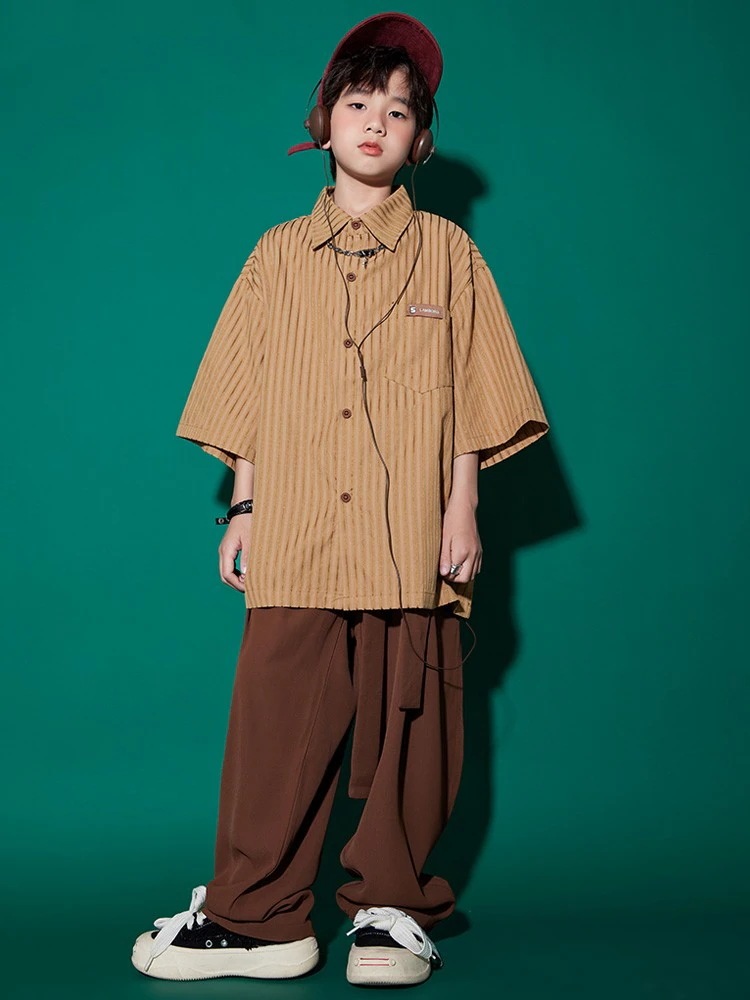 街舞児童潮服ヒップホップ演出服セット男童日系シャツhiphopクールかっこいい演技服女の子夏