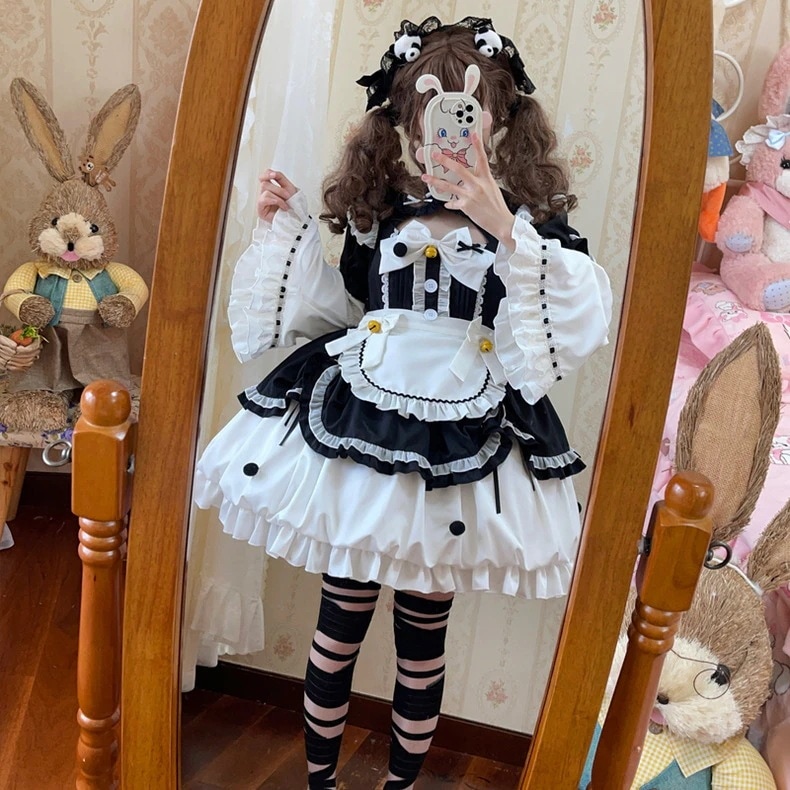 Lolita可爱いメイド风リバーシブル袖ワンピースロリータopプリンセススカート大童ロリポップスカート