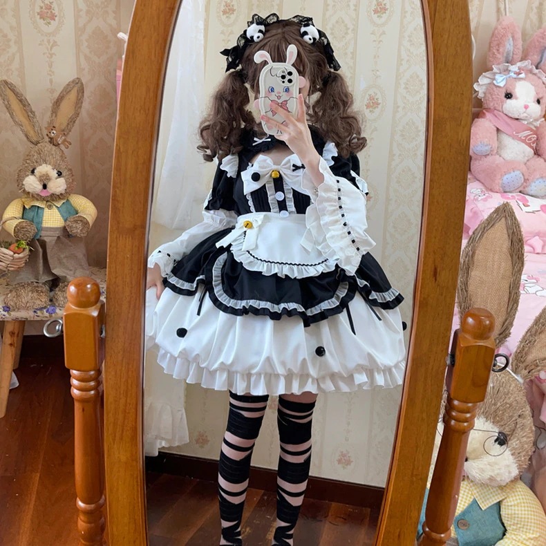 Lolita可爱いメイド风リバーシブル袖ワンピースロリータopプリンセススカート大童ロリポップスカート