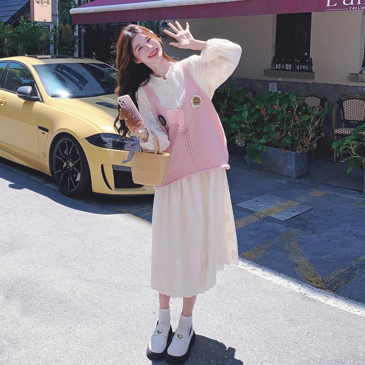 ピンクニットウエストコートツーピース秋の女性2024新しいカレッジスタイル甘い初恋ワンピースツーピースセット