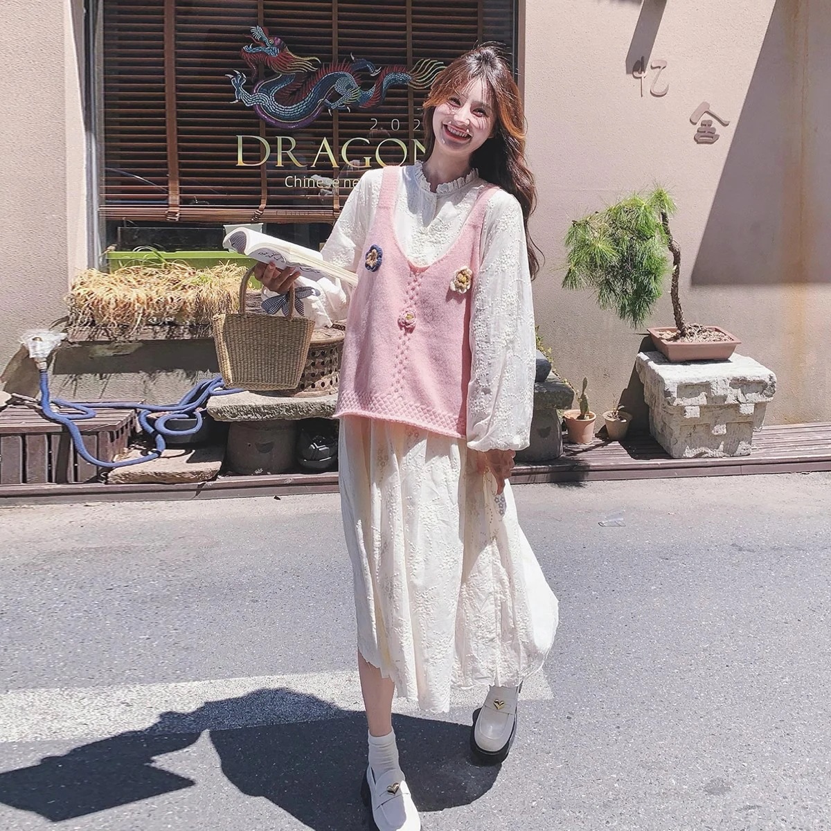 ピンクニットウエストコートツーピース秋の女性2024新しいカレッジスタイル甘い初恋ワンピースツーピースセット