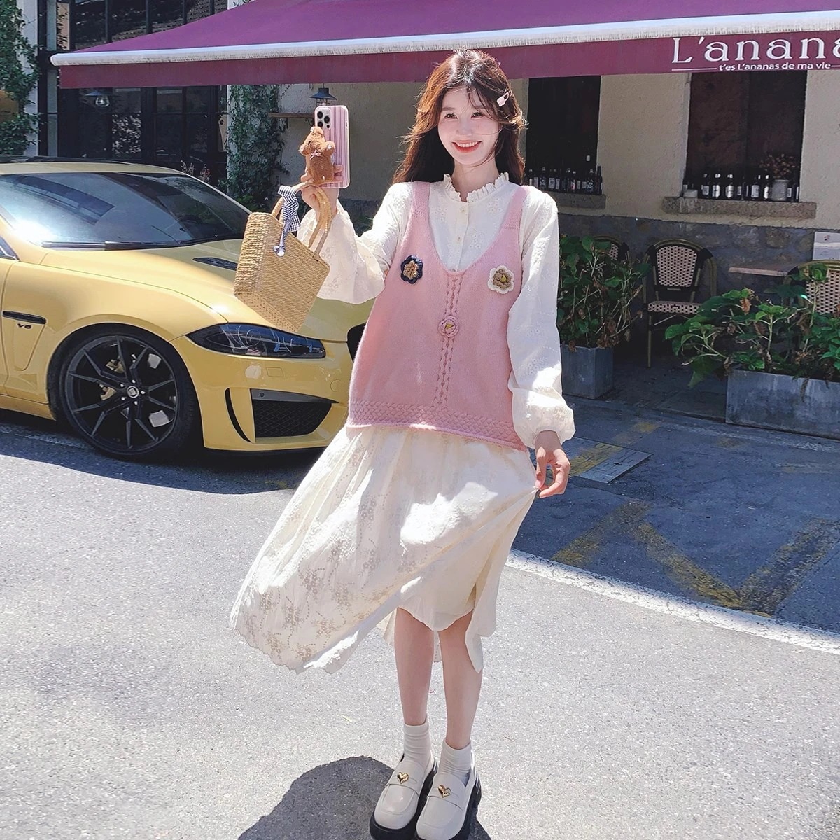 ピンクニットウエストコートツーピース秋の女性2024新しいカレッジスタイル甘い初恋ワンピースツーピースセット