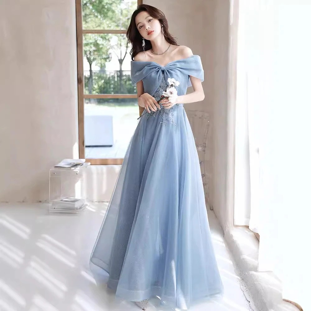 パーティードレスワンショルダーイブニングドレス2025作ブルー宴会ドレス パーティードレスワンショルダーイブニングドレス2025作ブルー宴会ドレス