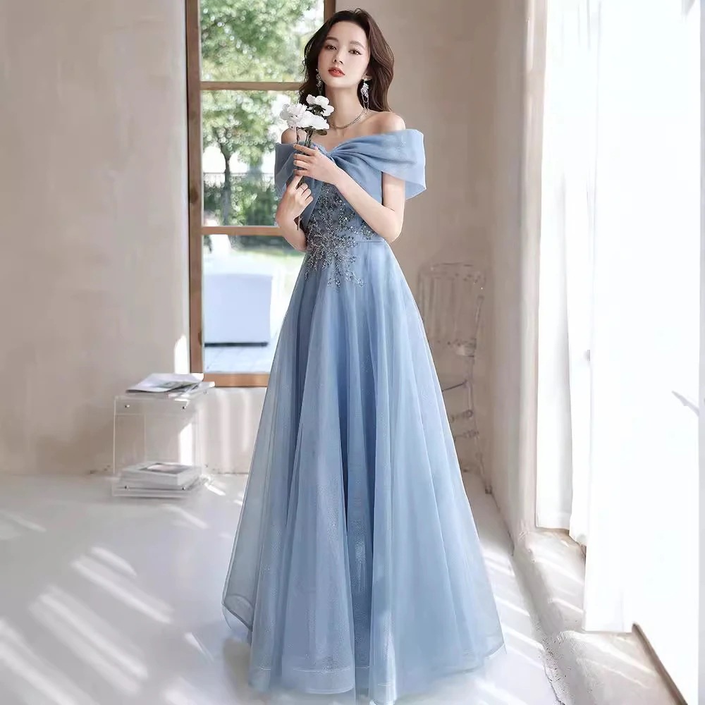 パーティードレスワンショルダーイブニングドレス2025作ブルー宴会ドレス パーティードレスワンショルダーイブニングドレス2025作ブルー宴会ドレス