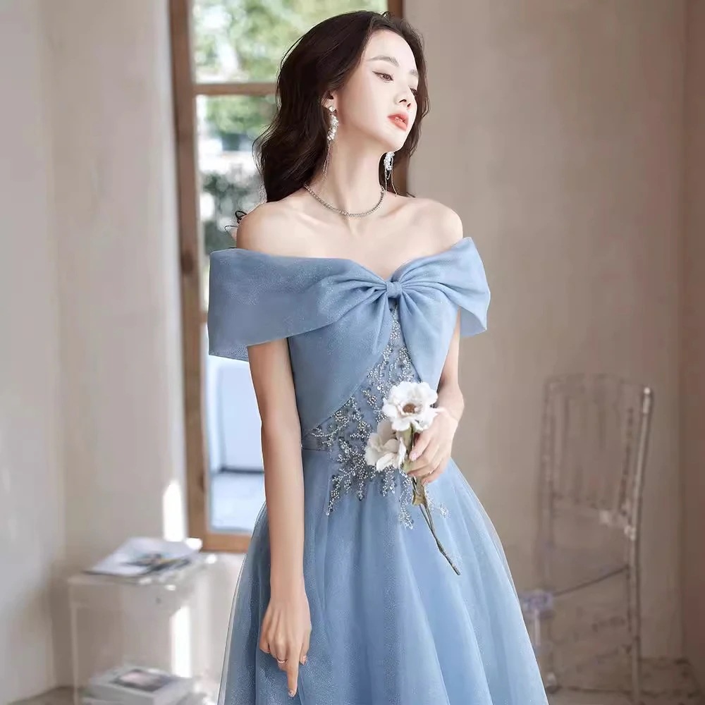 パーティードレスワンショルダーイブニングドレス2025作ブルー宴会ドレス パーティードレスワンショルダーイブニングドレス2025作ブルー宴会ドレス
