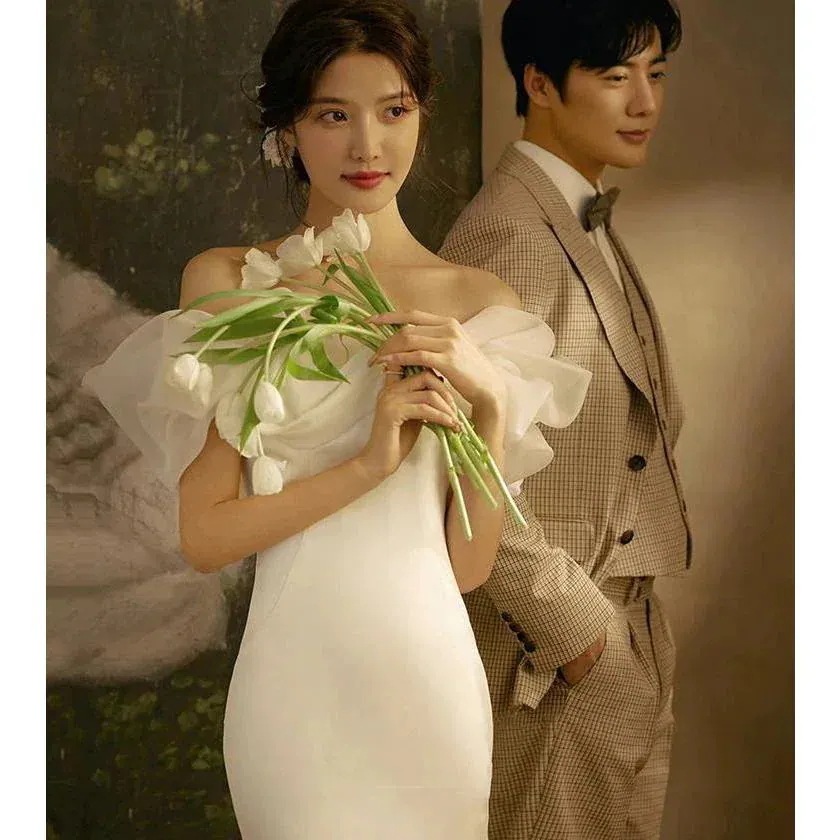 パーティードレスウエディングドレス白ウエディングドレス韓風安い結婚式花嫁二次会ウエディングドレスマーメイドライン