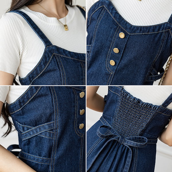 韓国 服 レディース ワンピース 青 オーバーオール レディース デニム 青 ジャンパースカート デニム 夏 ロング 40代 レディース