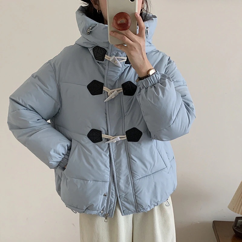 牛角ボタンダウン綿服女2024新型ショートタイプ保温フード付き綿服パン服甘い小柄