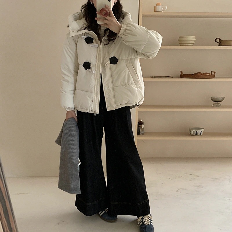 牛角ボタンダウン綿服女2024新型ショートタイプ保温フード付き綿服パン服甘い小柄