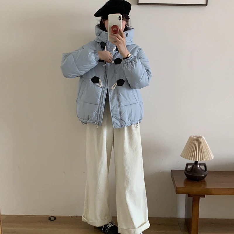 牛角ボタンダウン綿服女2024新型ショートタイプ保温フード付き綿服パン服甘い小柄