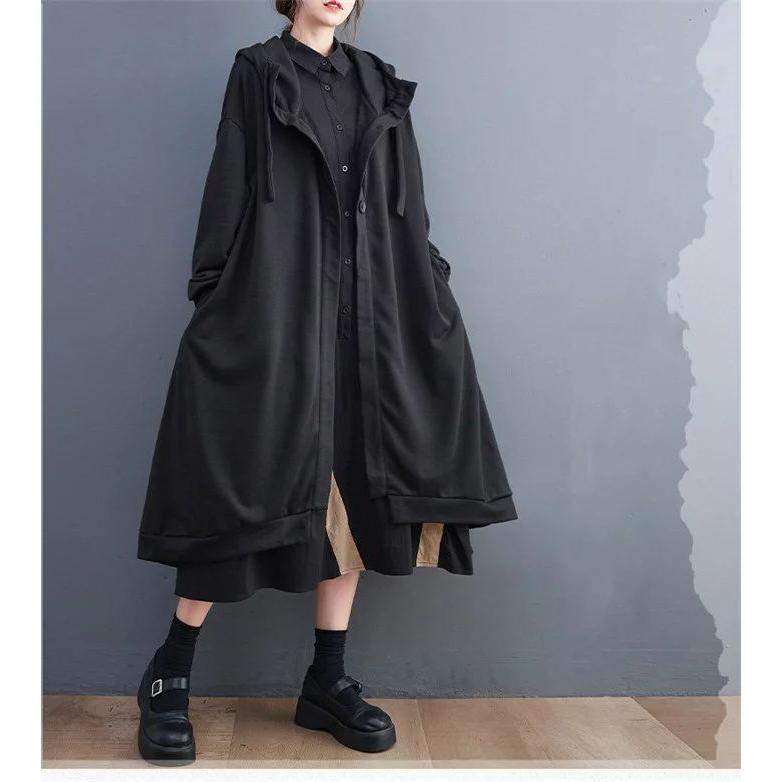 ロングコートレディースフードアウター秋コートロングスプリングコート暖かいブルゾン無地総柄トップス羽織りポケット付き大きいサイズミモレ丈