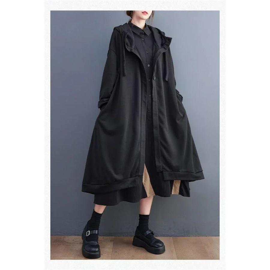 ロングコートレディースフードアウター秋コートロングスプリングコート暖かいブルゾン無地総柄トップス羽織りポケット付き大きいサイズミモレ丈