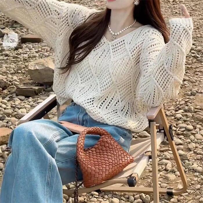 トップス ニット クロシェ 透かし編み セーター カットソー Tシャツ ローゲージ レディース エレガント 大人 可愛い きれいめ カジュアル フェミニン 長袖 プルオーバー 透け感 レイヤード ベー
