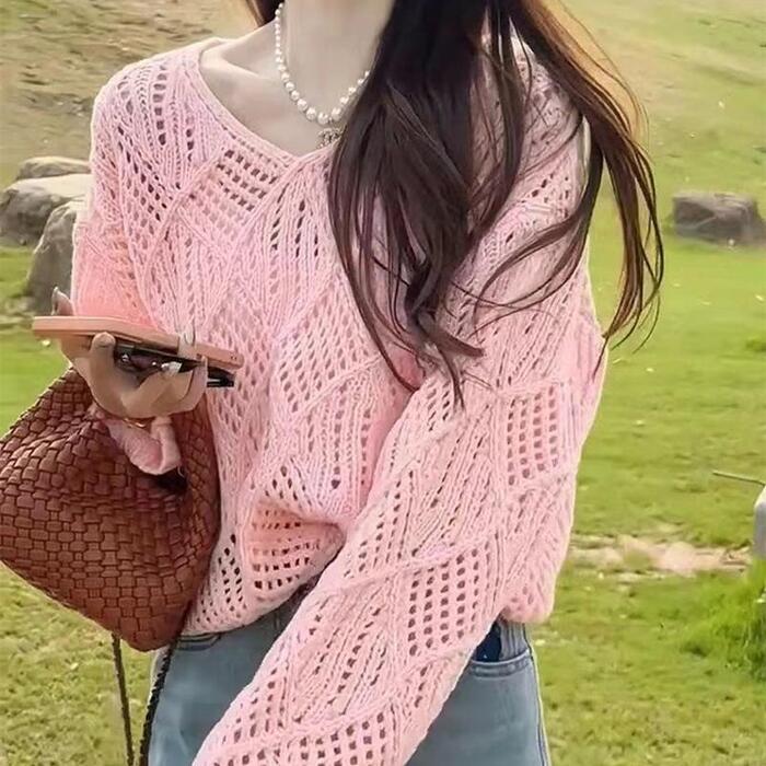 トップス ニット クロシェ 透かし編み セーター カットソー Tシャツ ローゲージ レディース エレガント 大人 可愛い きれいめ カジュアル フェミニン 長袖 プルオーバー 透け感 レイヤード ベー