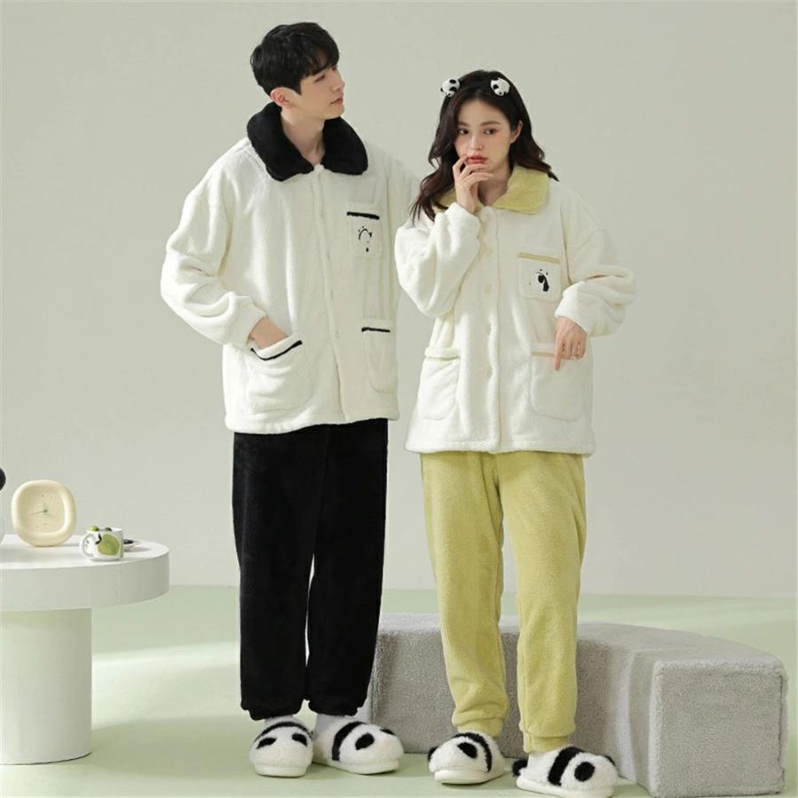 ペアパジャマ 冬 モコモコ 男女2着 セット 長袖 前開き パンダ 可愛い おしゃれ カップル ペア ルームウェア ペア パジャマ 夫婦 もこもこ メンズ 秋 結婚祝い