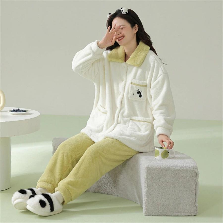 ペアパジャマ 冬 モコモコ 男女2着 セット 長袖 前開き パンダ 可愛い おしゃれ カップル ペア ルームウェア ペア パジャマ 夫婦 もこもこ メンズ 秋 結婚祝い