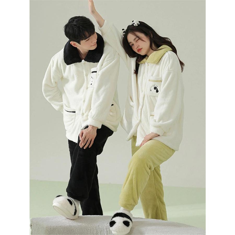 ペアパジャマ 冬 モコモコ 男女2着 セット 長袖 前開き パンダ 可愛い おしゃれ カップル ペア ルームウェア ペア パジャマ 夫婦 もこもこ メンズ 秋 結婚祝い