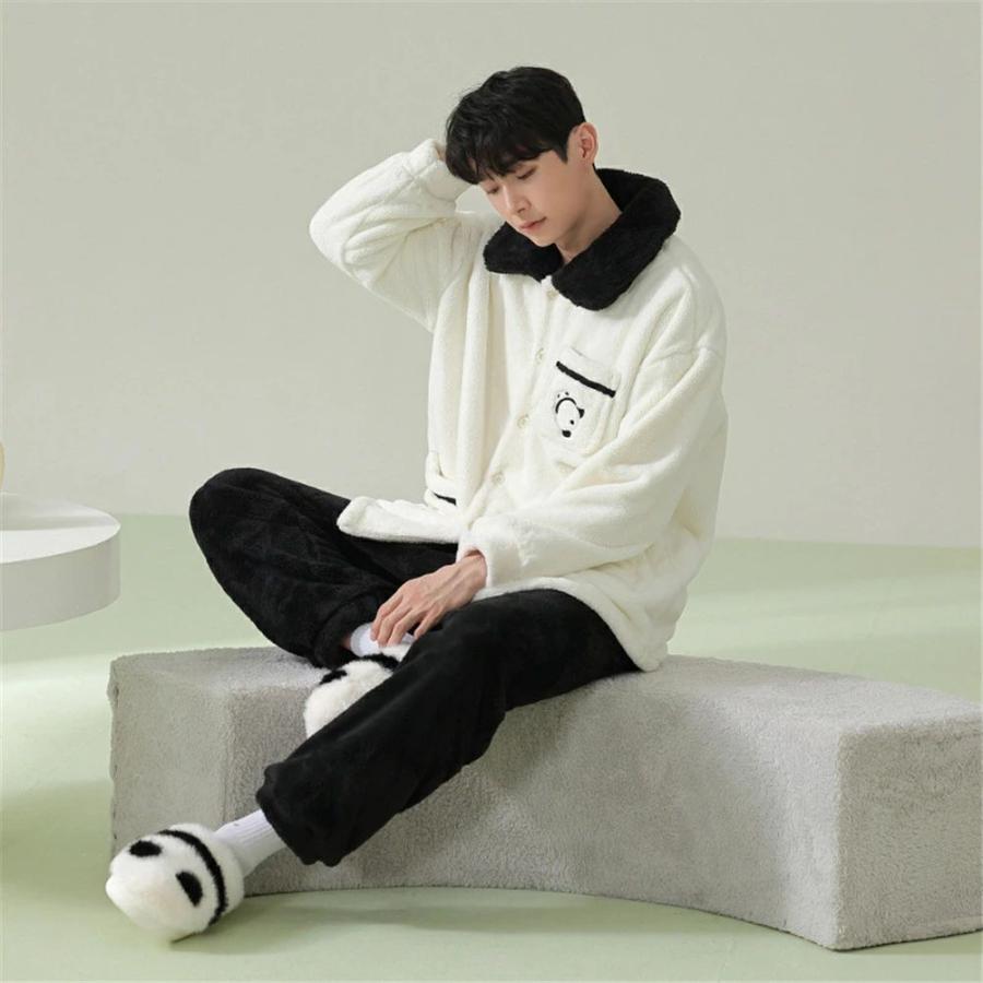 ペアパジャマ 冬 モコモコ 男女2着 セット 長袖 前開き パンダ 可愛い おしゃれ カップル ペア ルームウェア ペア パジャマ 夫婦 もこもこ メンズ 秋 結婚祝い