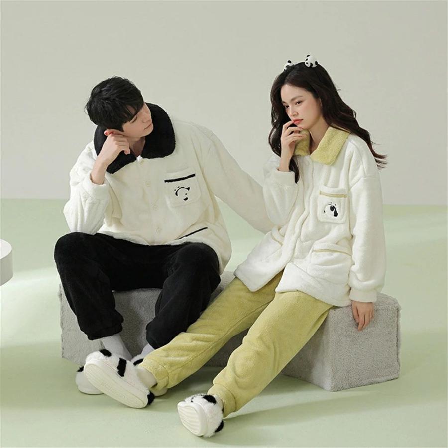 ペアパジャマ 冬 モコモコ 男女2着 セット 長袖 前開き パンダ 可愛い おしゃれ カップル ペア ルームウェア ペア パジャマ 夫婦 もこもこ メンズ 秋 結婚祝い